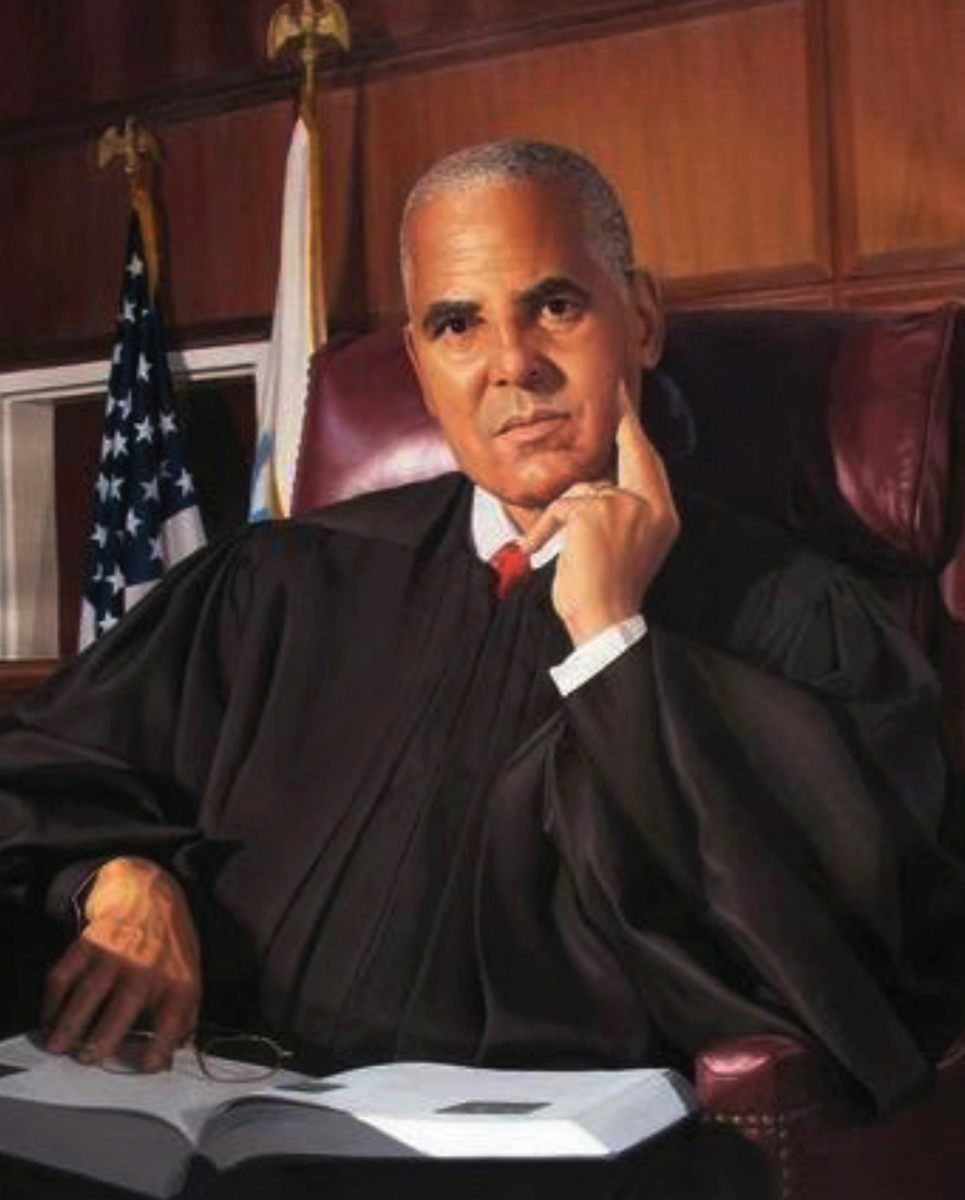 Painting of Finch in court in front of American flag