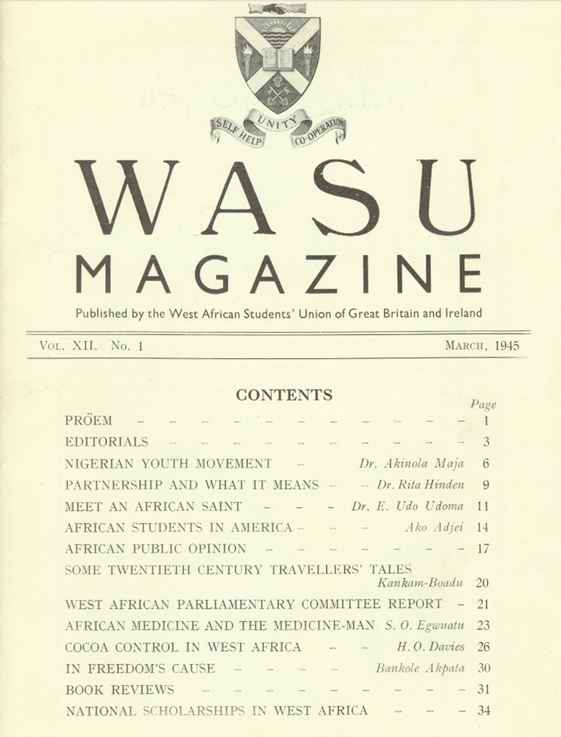 Contents page of WASU Magazine featuring chapters like "Nigerian Youth Movement," "Partnership and What it Means" and African Students in America."