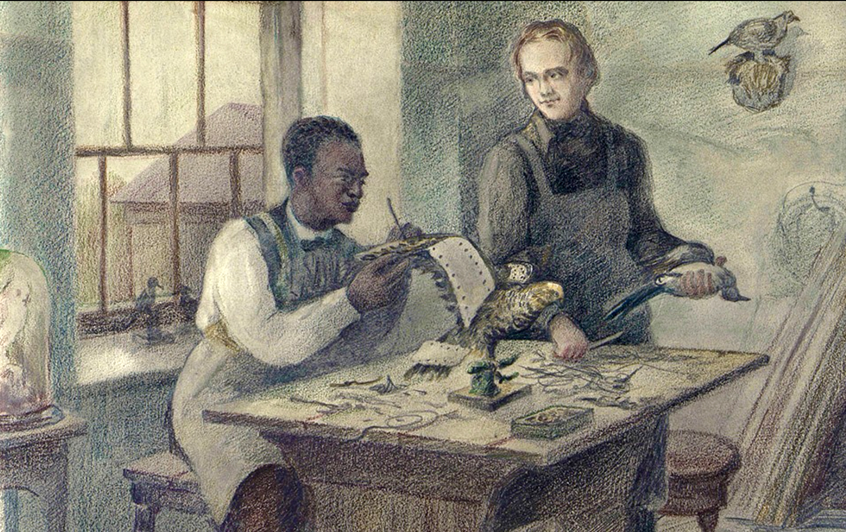 Painting of John Edmonstone and Charles Darwin performing taxidermy in a workshop surrounded by other prepared birds