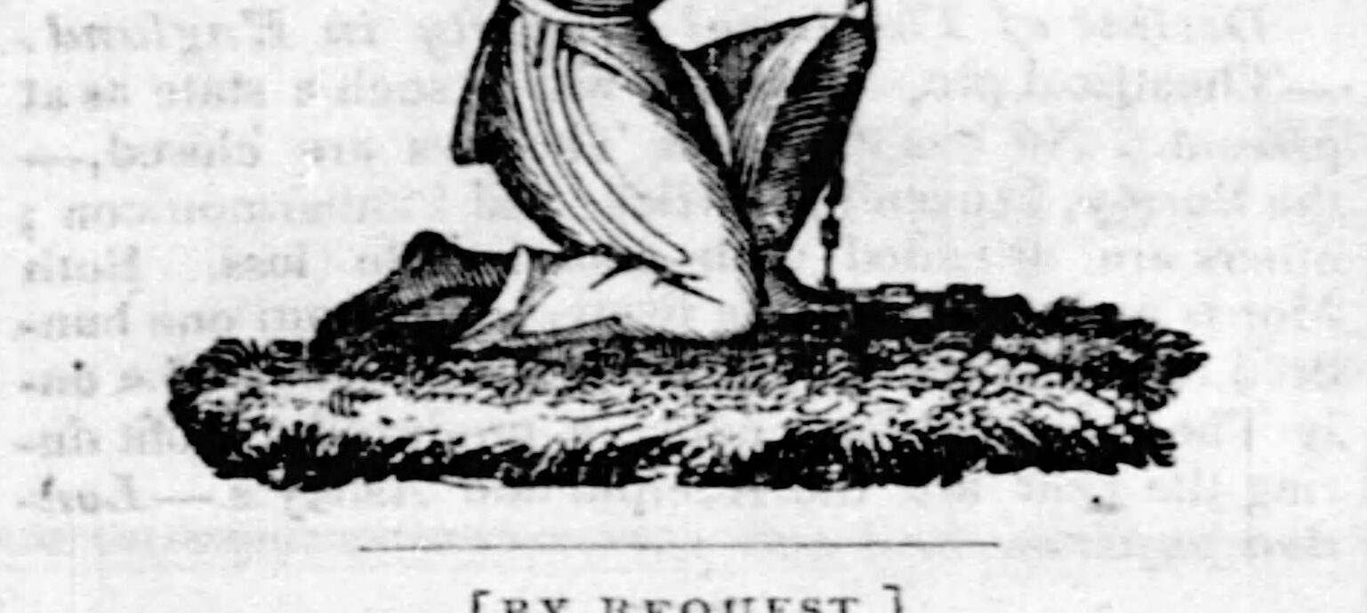 Illustrated newspaper column depicting a slave in kneeling in prayer wearing chains