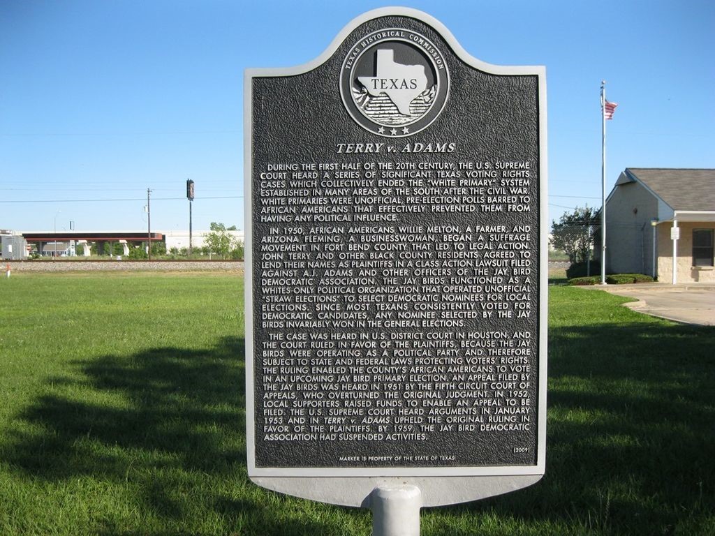 Terry v. Adams Historical Marker with Texas State logo at the top and three paragraphs of text below