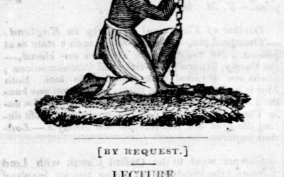 Illustrated newspaper column depicting a slave in kneeling in prayer wearing chains