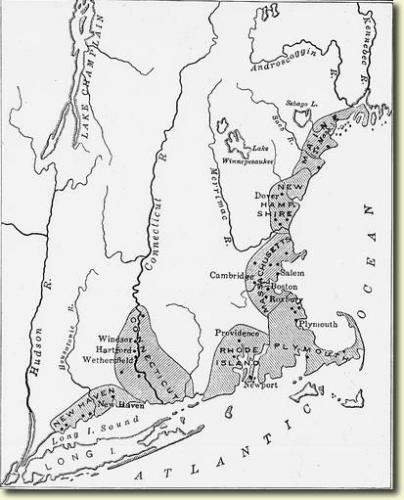 Settled Areas in New England in 1640 around the time Dorcas joined First Church at Dorchester|