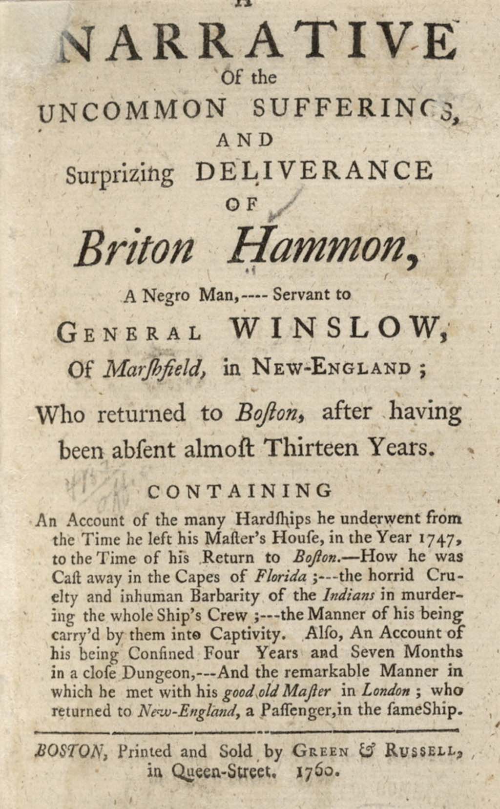 Opening Page of Briton Hammon Narrative|