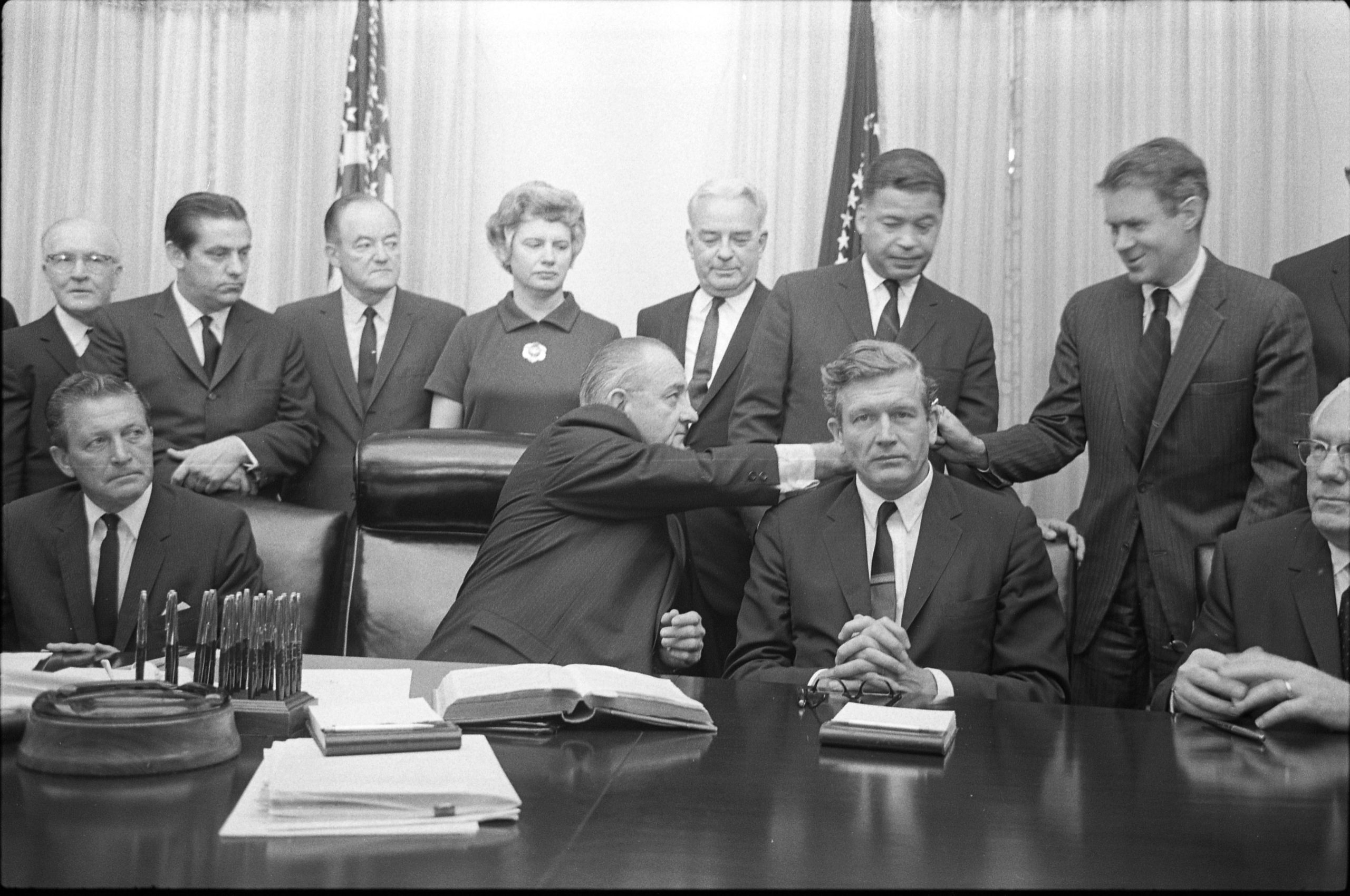 President Lyndon Johnson with National Advisory Commission on Civil Disorders members