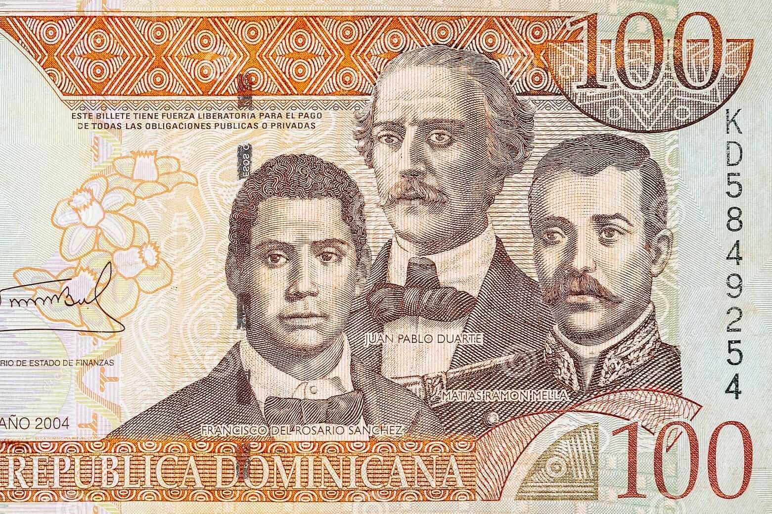 Francisco del Rosario Sánchez, Ramon Mella, and Juan Pablo Duarte on 100 peso note