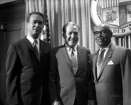Compton Mayor Douglas Dollarhide (left) with Los Angeles Mayor Sam Yorty and Los Angeles Sentinel Owner and Publisher Compton Mayor Douglas Dollarhide (left) with Los Angeles Mayor Sam Yorty and Los Angeles Sentinel Owner and Publisher