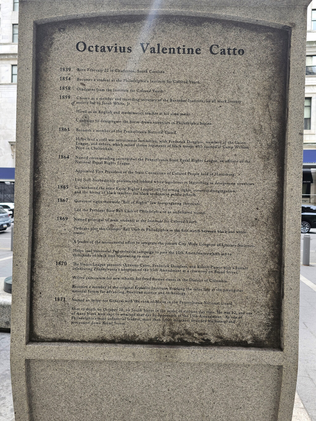 Stone plaque describing a timeline Catto's life from 1839 to 1871