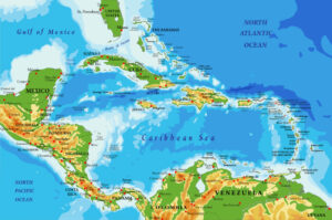 Detailed physical map of Central America and Caribbean Islands, with all the relief forms, regions and big cities.