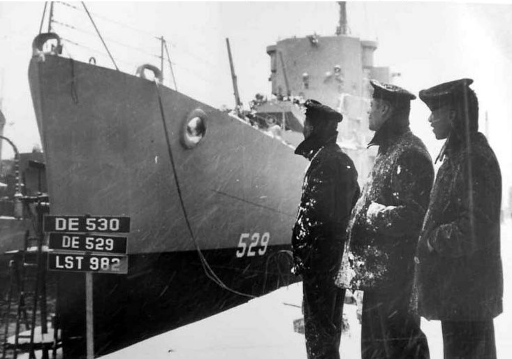 Crew Members Beside the USS Mason in Boston Harbor, 1944 (US Navy)