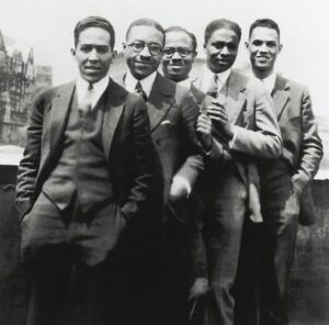 Five Young Intellectuals in Harlem--Langston Hughes, Charles S. Johnson, E. Franklin Frazier, Rudolph Fisher, and Hubert T. Delany (public domain)