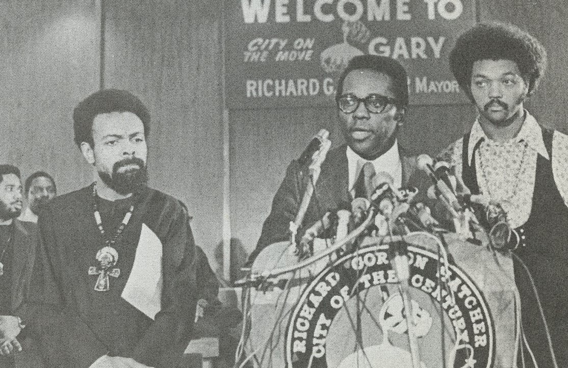Imamu Baraka, Gary Mayor Richard Hatcher, and Jesse Jackson at the National Black Political Convention