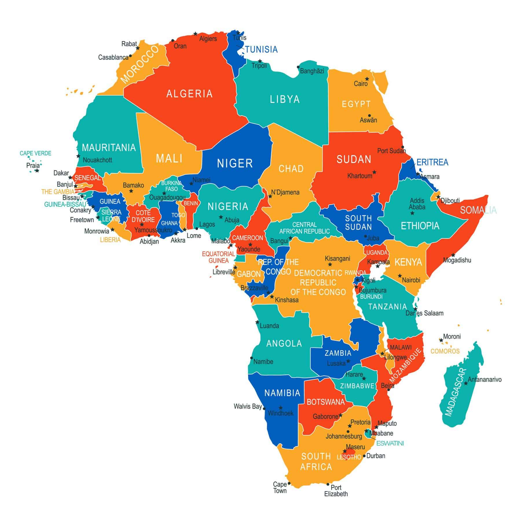 Map of Africa with all African States and African Capitals listed