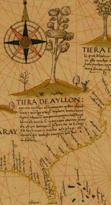 Map showing land in North America granted to Lucas Vázquez de Ayllón in 1523 by Spanish king, Charles V