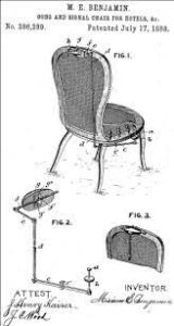 Miriam Benjamin Gong and Signal Chair Patent Drawings, July, 17, 1888 (Public Domain)