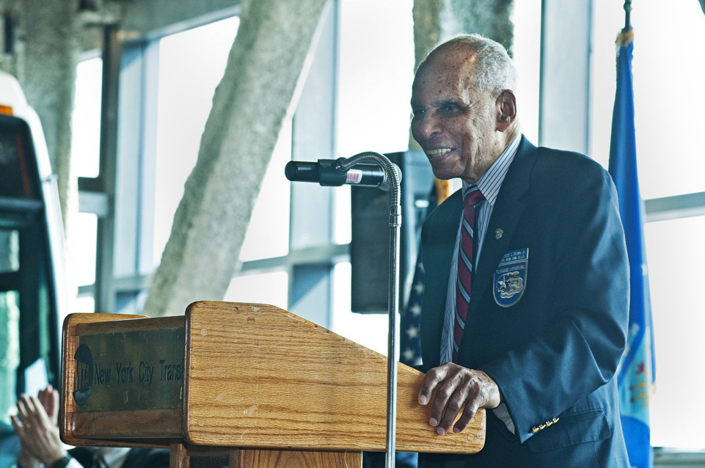 Tuskegee Airman Roscoe C. Brown Jr. delivering remarks at the 2012 Tuskegee Airmen Bus Depot ceremony