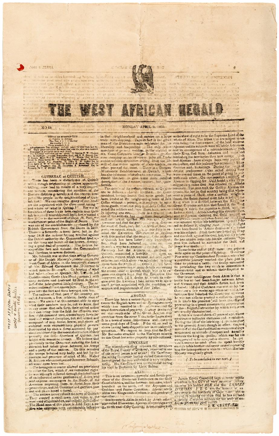 The West African Herald, April 2, 1860 (Oldest Black-Owned Newspaper in Africa)