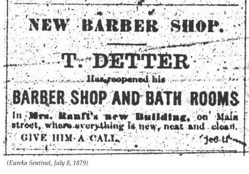 Thomas Detter Barbershop Ad from the Eureka Sentinel, July 8, 1879