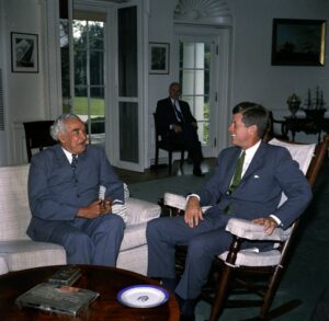 U.S. President John F. Kennedy with Prime Minister of Jamaica, Sir Alexander Bustamante, 1962 (Wikipedia)