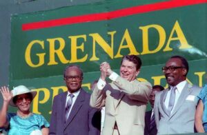 President Reagan with Grenadian Prime Minister Herbert Blaize and Governor-General Scoon