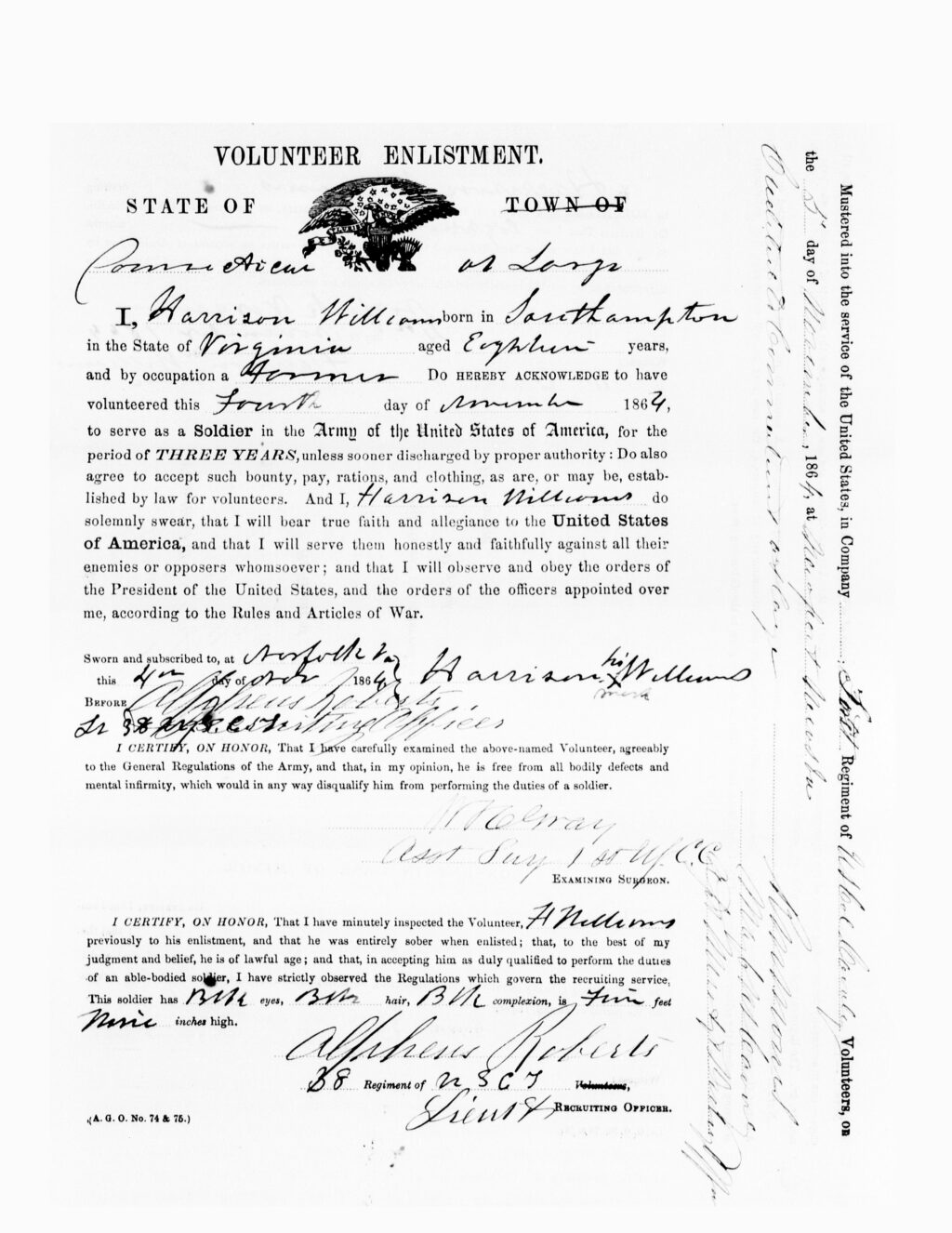 Volunteer Enlistment Form for Harrison Williams-Parson Sykes (Public Domain)
