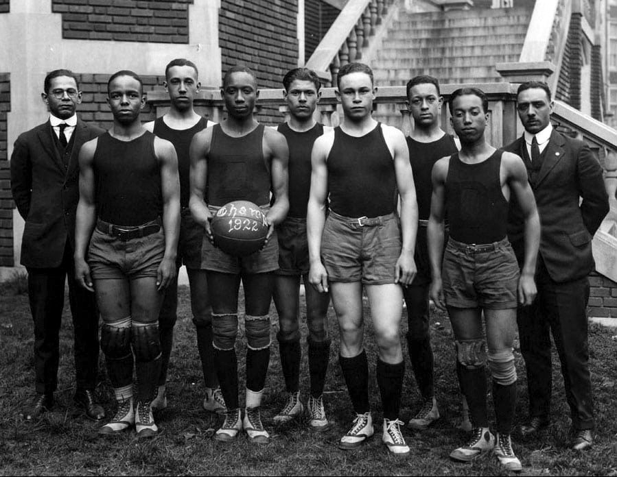 black and white photo of Dunbar High School basketball team
